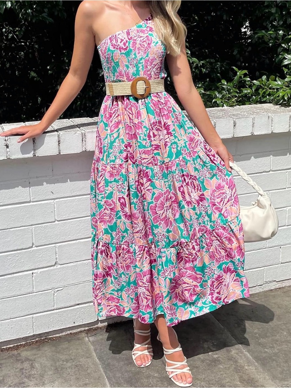 <ZCSIA> Floral One-Shoulder Maxi Dress in Pink & Teal